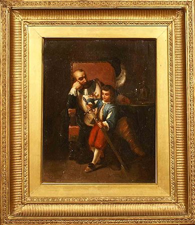 Scuola tedesca del XIX secolo, "Cavaliere con bambino", olio su tela, cm. 33x27.