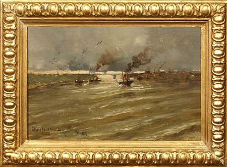 Oscar Ricciardi (Napoli 1864 - 1935), "Mareggiata", olio su tavola, cm....