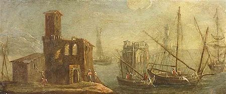 Scuola veneta del XVIII secolo, "Paesaggio marino con barche, personaggi e...