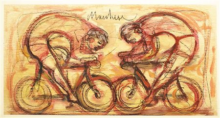 Salvatore Marchese (Napoli 1947), "Ciclisti", tecnica mista, cm. 53x97,...