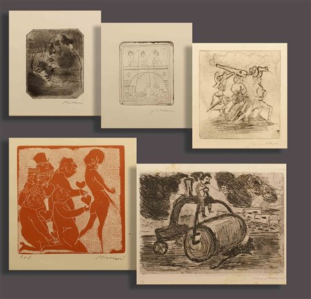 Mino Maccari (Siena 1898 - Roma 1989), lotto composto da cinque litografie ed...