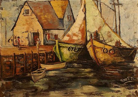 Roffi (XX secolo), "Marina con casolare", olio su tela, cm. 50x70, firmato e...