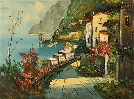 M. Galanti (Napoli), "Costiera amalfitana - vicolo", olio su tela, cm. 30x40,...