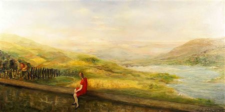 Violante Grieco (Trieste 1930 - Roma 2008), "Veduta di Piacenza", cm. 60x120,...