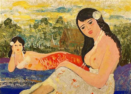 Carlo Franchi (Pavia 1961), "Figure femminili di Hawaiane", tempera su...