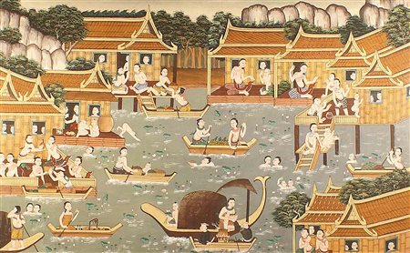 Scuola orientale del XX secolo, "Villaggio con figure", tempera su tela, cm....