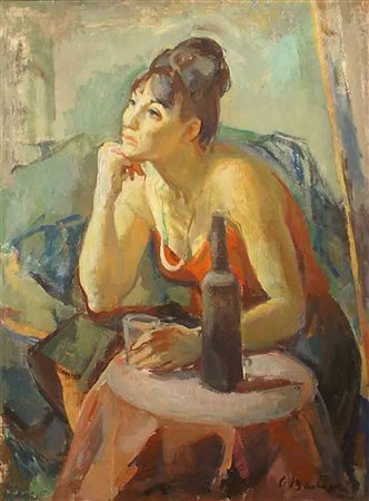 Firma indecifrabile (XX secolo), "Donna al bar", olio su tela, cm. 80x60,...