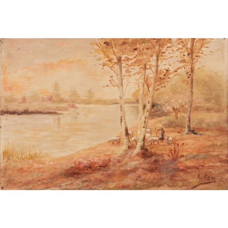 PITTORE DEL XX SECOLO, Paesaggio fluviale, Olio su tela