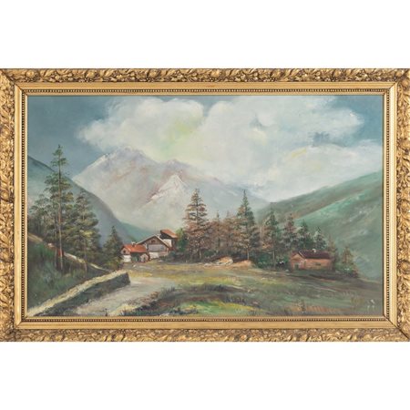 ANONIMO DEL XX SECOLO, Paesaggio boschivo, Olio su masonite