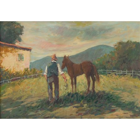 PITTORE DEL XX SECOLO, Uomo e cavallo, Olio su tela