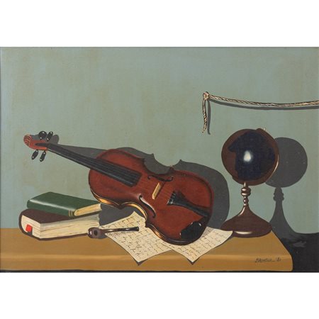 PITTORE DEL XX SECOLO, Violino, pipa e libri, Olio su tela