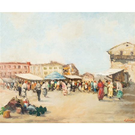 PITTORE DEL XX SECOLO, Folla al mercato, Olio su masonite