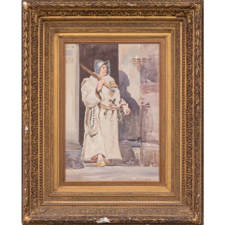 PITTORE ITALIANO XIX SECOLO, Frate con elmetto, Acquarello