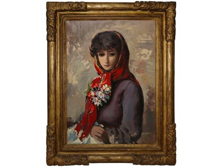 Arturo Rietti (Trieste 1863 - Fontaniva 1943)  - Ritratto di donna con foulard e fiori