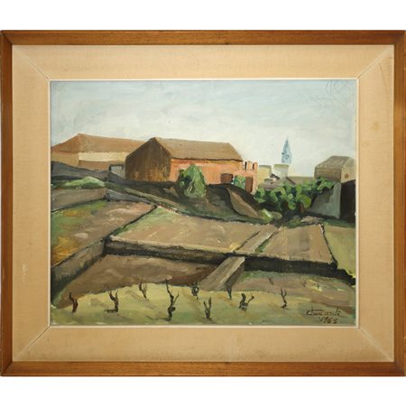 Paesaggio con case e tralci di vite, 1963