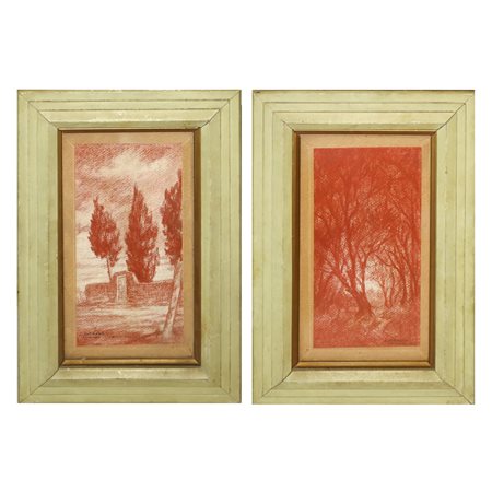 Luigi Pirrone (Catania 1898 - Catania 1979)  - Coppia di sanguigne raffiguranti paesaggi con alberi, 1940s