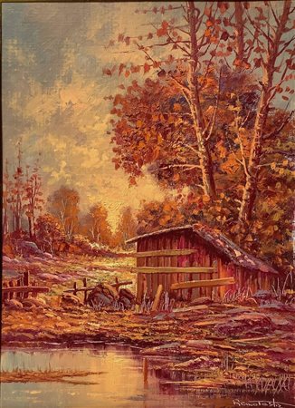 Remo Testa (XX secolo)  - Cascina con alberi sul lago al tramonto, 20° secolo