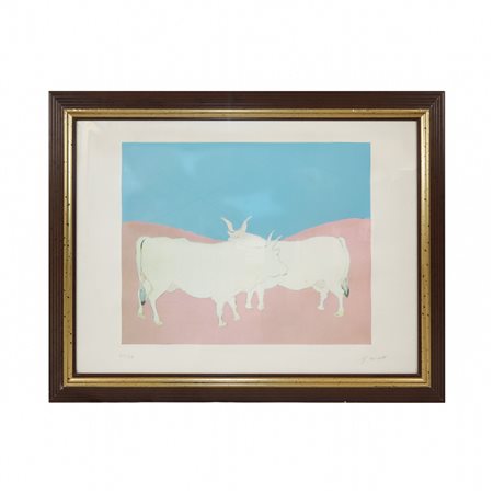 Giuseppe Cesetti (Tuscania 1902 - Tuscania 1990)  - Figure di animnali su sfondo nei toni rosa e celeste