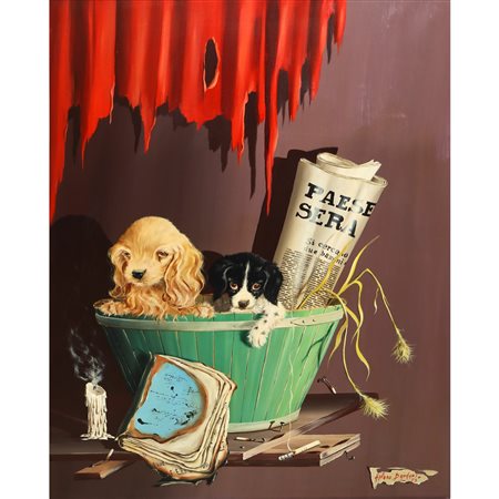 Alfano Dardari (Meldola 1924 - 1988)  - Cuccioli di cani in cesta, Rome 1973