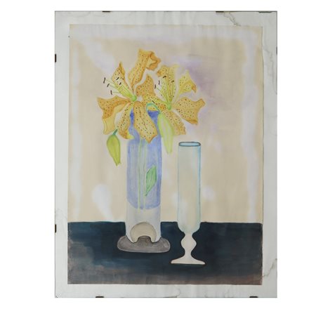 Matilde Iachelli (Francofonte 07/09/1946 - 2025)  - Natura morta, vaso con fiori e bicchiere