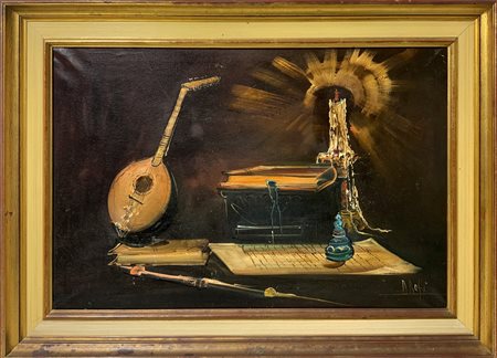 Natura morta di strumenti musicali e libri, 20° secolo