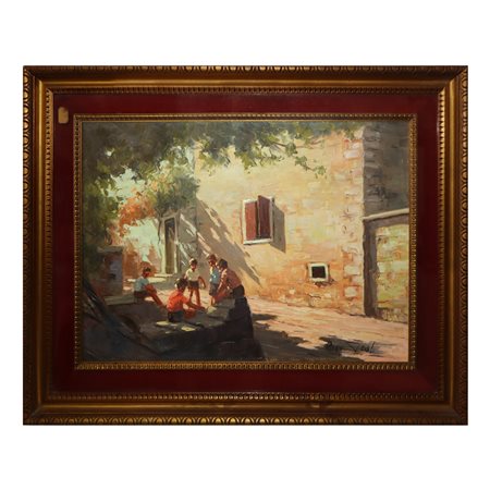 Riccardo Tosti (Trieste 1910 - 1986)  - Cortile rustico con figure