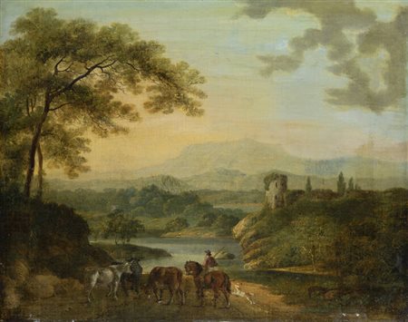 CHARLES TOWNE<BR>Wigan (Regno Unito) 1763 - 1840 Liverpool (Regno Unito)<BR>"Paesaggio lacustre con viandante"