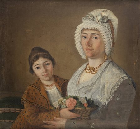 PITTORE ANONIMO<BR>Fine XVIII secolo<BR>"Ritratto di madre con figlia"
