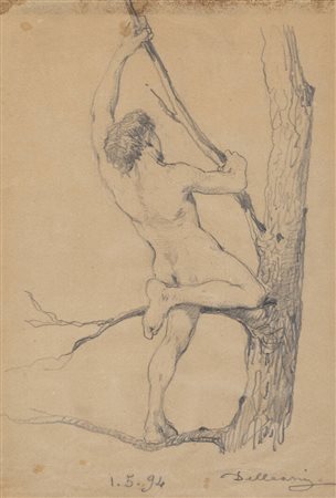 LORENZO DELLEANI<BR>Pollone (BI) 1840 - 1908 Torino<BR>"Uomo che si arrampica su un albero" 1/5/1894