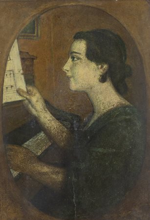 GIACOMO GANDI<BR>Saluzzo (CN) 1846 - 1932 Savigliano (CN)<BR>"Ragazza al pianoforte"