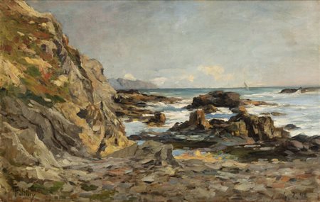 CARLO FOLLINI<BR>Domodossola (NO) 1848 - 1938 Pegli (GE)<BR>"Costa ligure con il promontorio di Portofino (Marina)" 4/3/92