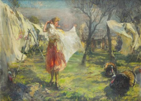 VITTORIO CAVALLERI<BR>Torino 1860 - 1938<BR>"Il bucato"