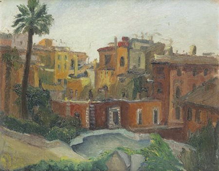 PITTORE NON IDENTIFICATO<BR>"Case a Piazza di Spagna" Roma 1945
