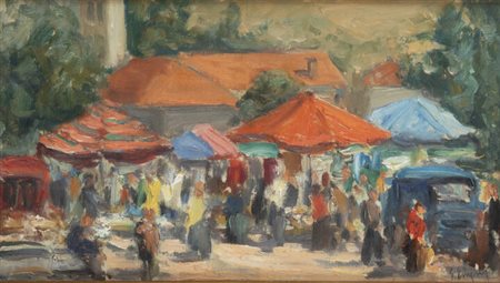 GIULIANO EMPRIN<BR>Torino 1902 - 1991<BR>"Mercato a Bardonecchia" 23/08/1972