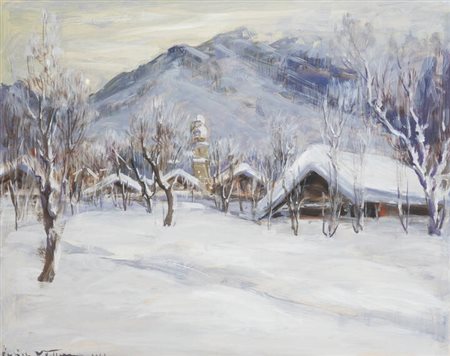 FELICE VELLAN<BR>Torino 1889 - 1976<BR>"Nevicata a Bardonecchia" inverno 1963