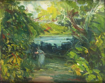 LUIGI SPAZZAPAN<BR>Gradisca d'Isonzo (GO) 1889 - 1958 Torino<BR>"Figura tra il verde con laghetto nello sfondo (Laghetto)" 1934