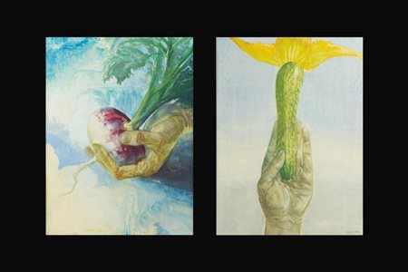 ABACUC (Silvano Gilardi)<BR>Torino 1933 - 2021<BR>Lotto di due dipinti:<BR>A) "Ecco lo zucchino (serie ortaggi mantenuti)" agosto 1972<BR>B) "Una...rapa (serie ortaggi mantenuti)" agosto 1972
