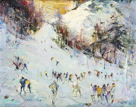 MICHELE BARETTA<BR>Vigone (TO) 1916 - 1987<BR>"Sciatori a Bardonecchia" 1968