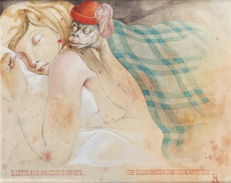 FABRIZIO RICCARDI<BR>Roma 1942<BR>"Il letto e le dolcissime offerte che di giovinezza sono i fiori effimeri" 1984