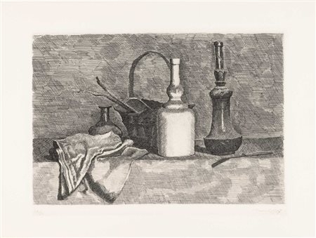 Giorgio Morandi 1890 Bologna-1964 Bologna, Natura Morta con panneggio a sinistra
