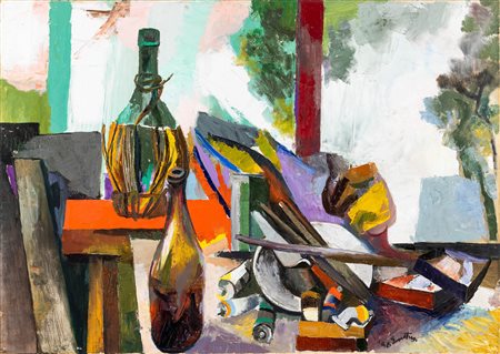Renato Guttuso 1911 Bagheria-1987 Roma, Natura morta con fiasco e bottiglia