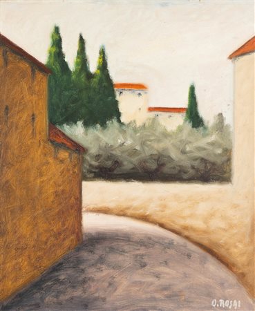 Ottone Rosai 1885 Firenze-1957 Ivrea, Strada in curva con case, ulivi, cipressi