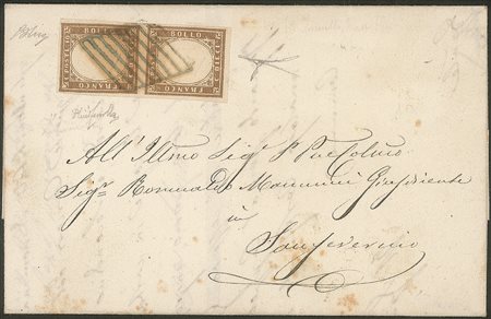 Antichi Stati Italiani - Stato pontificio - Lettera da Fabriano con coppia verticale del 10 cent. bruno tenue (Sass. 14Ch)