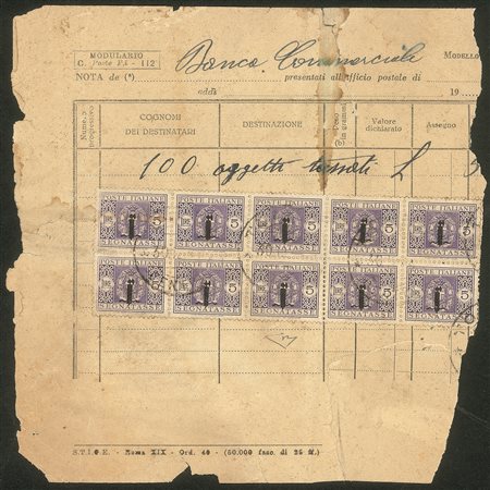 RSI - SEGNATASSE - 1944 - Blocco di 10 del 5 lire segnatasse (70)