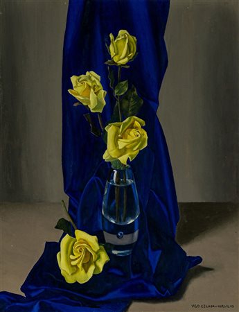 Composizione con vaso e rose gialle