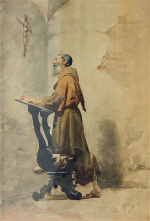 GIORGI A. "Frate in preghiera" fine 800/primi 900 34x24 acquerello su...