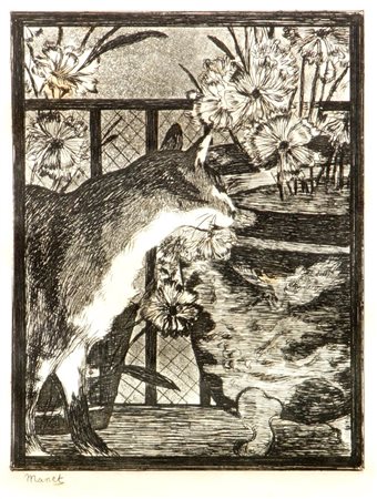 MANET EDOUARD Parigi 1832 - 1883 "Le chat et les fleurs" 20x15 foglio,...