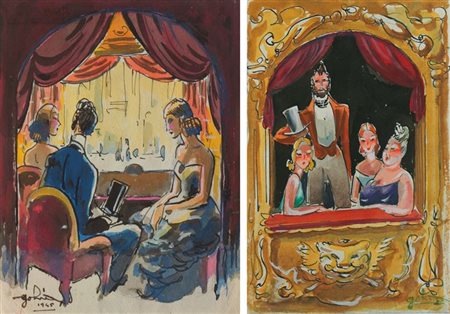 GOLIA (Eugenio Colmo) Torino 1885 - 1967 "A teatro" Coppia di acquerelli su...