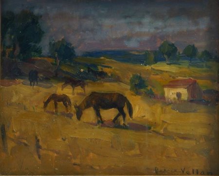 VELLAN FELICE Torino 1889 - 1976 "Cavalli a Tarquinia " 1946 22x27 olio su...