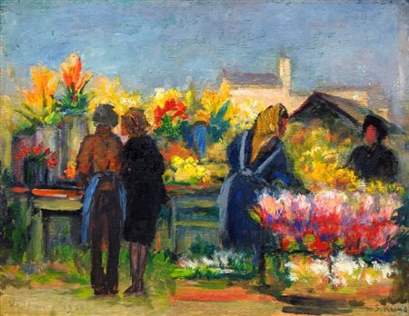 VELLAN FELICE Torino 1889 - 1976 "Mercato dei fiori a San Remo" 1973 18x24...